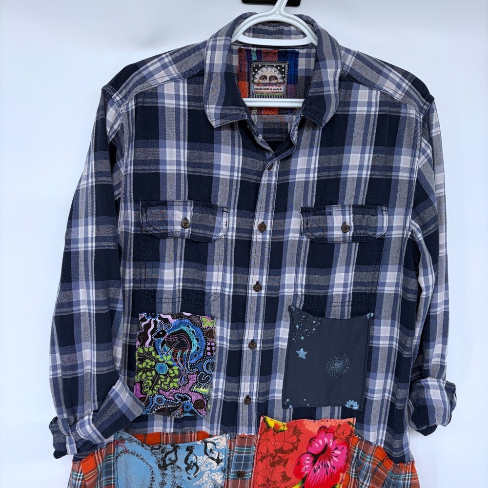 Paula Best Upcycled Art Wear Shirt XL Women's Patchwork Plaid Art Teacher Boho - Picture 2 of 6